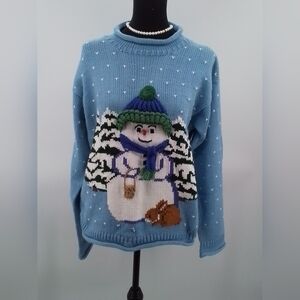 NWT Vintage REY WEAR Sz LG Blue Hand Knitted 3D SNOWMAN Holiday Sweater